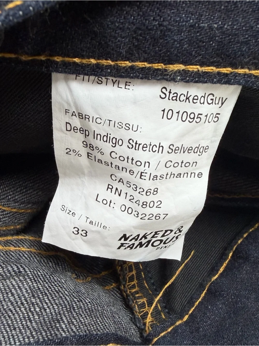 Naked And Famous Stacked Guy Indigo Stretch 33x32 Selveged Jeans Party Note